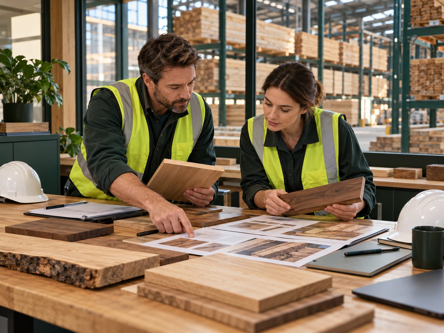 Wood industry professionals reviewing timber samples and product specifications.