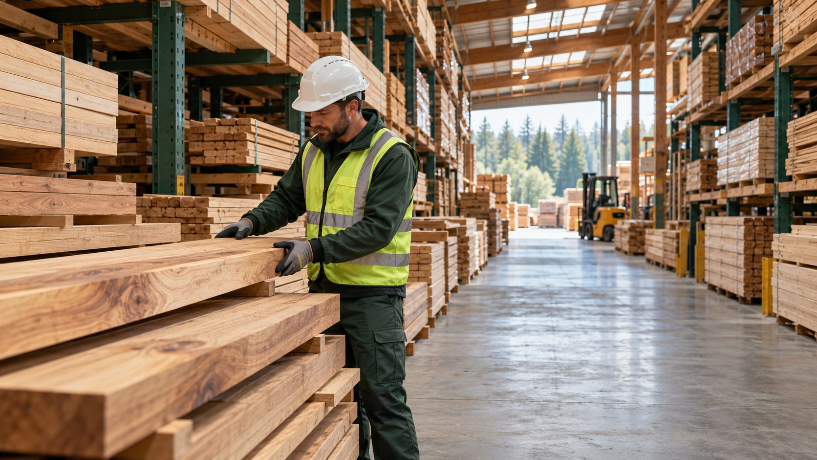 Timber professional inspecting wood boards in a warehouse.